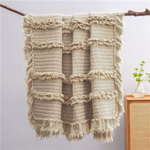 Ultra Soft Pre-Washed Quilted Boho Throw Blanket, Ruffle Fringed Beige - Picture 3 of 8